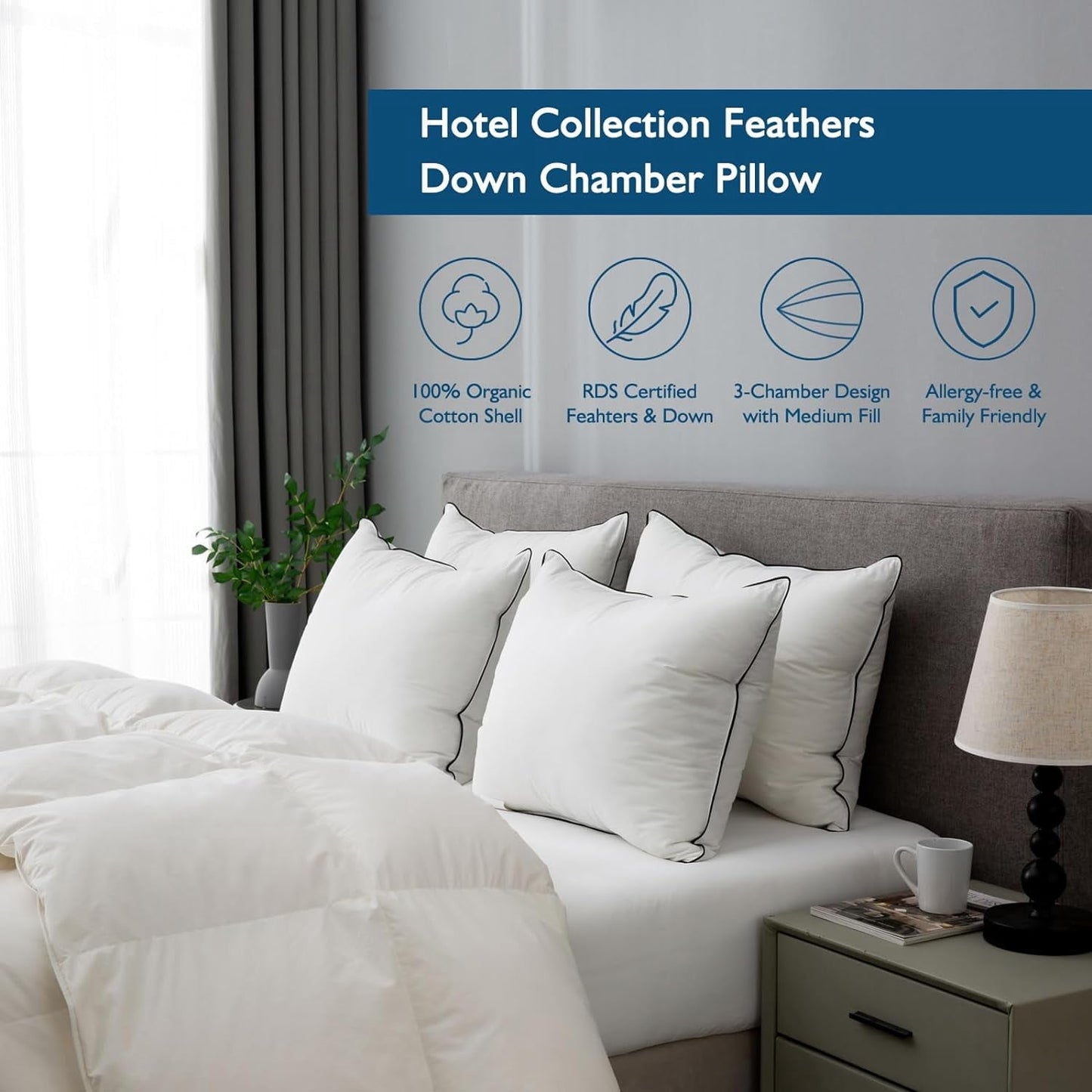 Ergonomic Memory Foam Hypoallergenic 3‑Chamber Goose Feather Down Core Bed Pillows, Standard Size Set of 2, With Microfiber Surround, Soft-... - Hotel Quality Plush Sleeping Pillows Detail