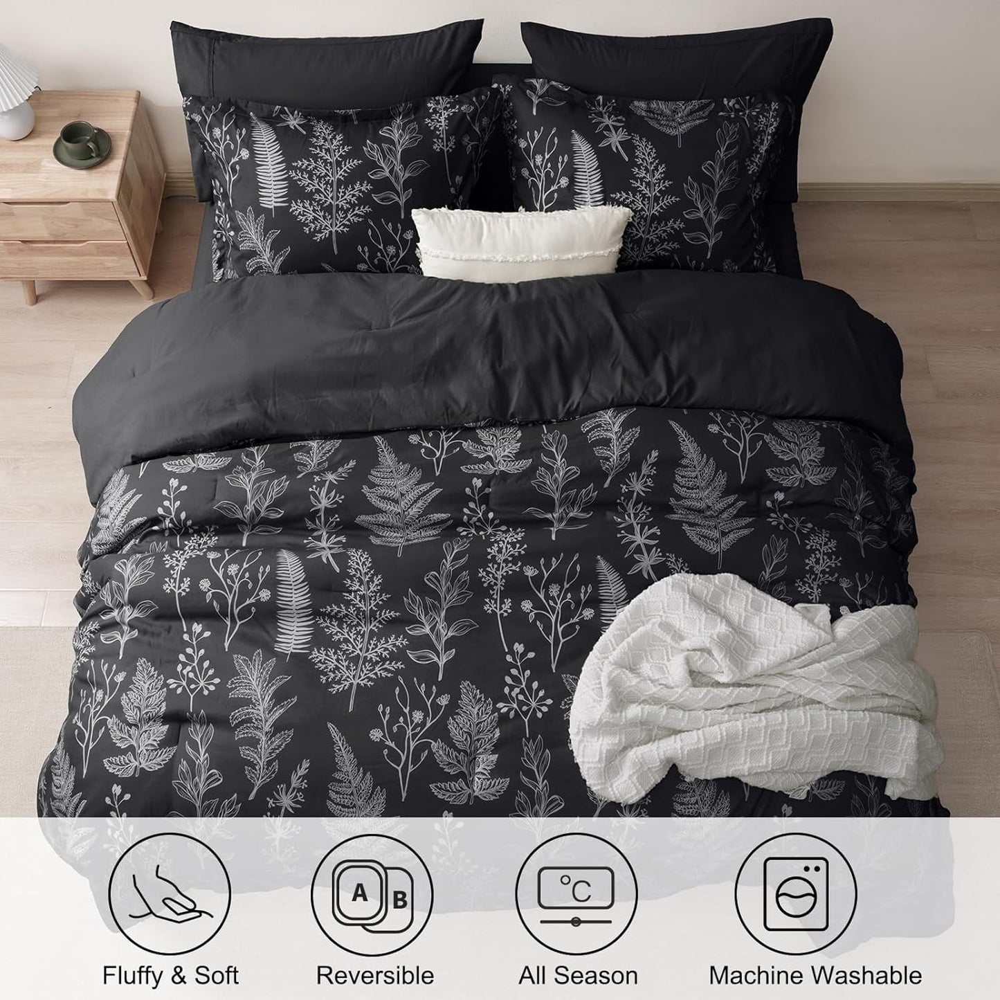 Fluffy Down Alternative 3 Pieces Printed Comforter Set Queen Size, Lightweight Botanical Floral Bed in a Bag, Ultra Soft Bedding Set with 1 R... - All-Season Down Alternative Comforter Insert Detail