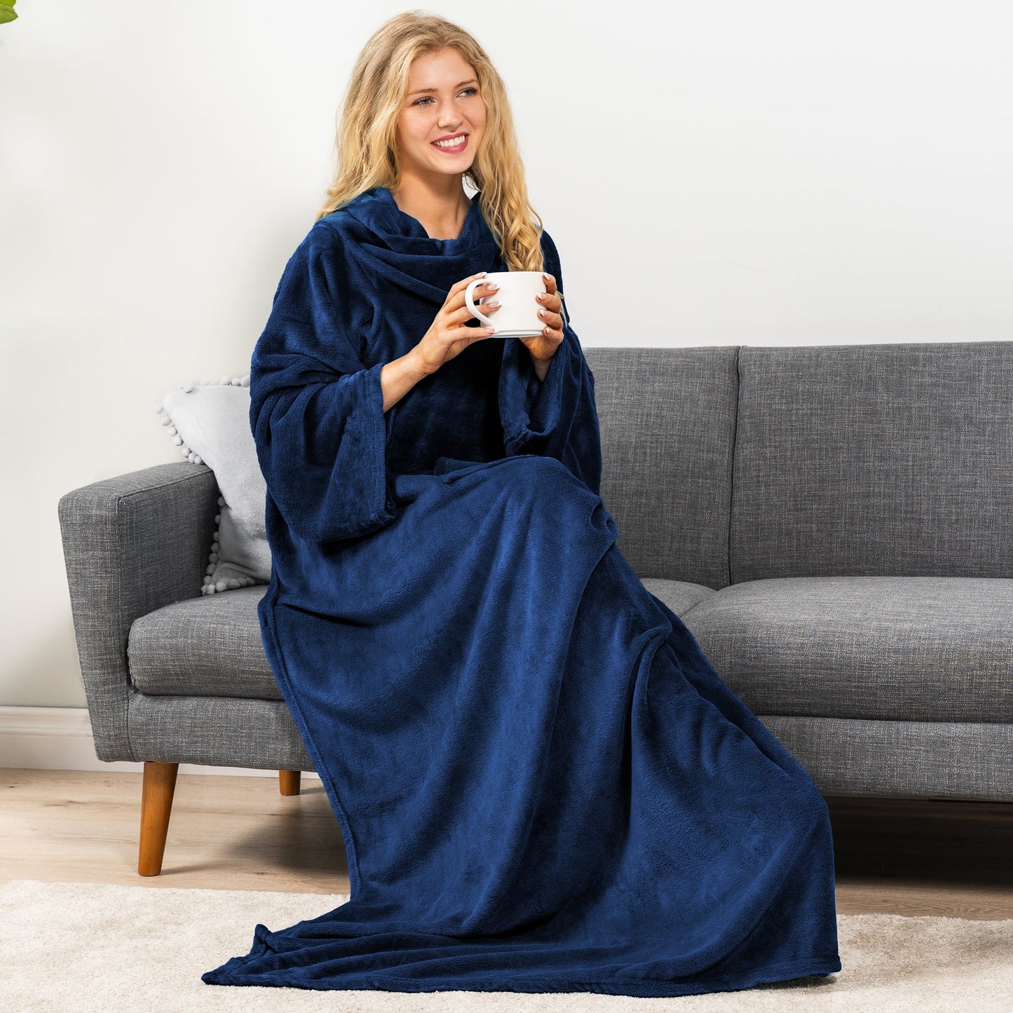 Reversible Sherpa Navy Blue Fleece Wearable Blanket with Sleeves for Adults Women Men, Soft Warm Full Body Wrap Throw, Sweatshirt Pocke... - Super Soft Reversible Sherpa Flannel Blanket Detail