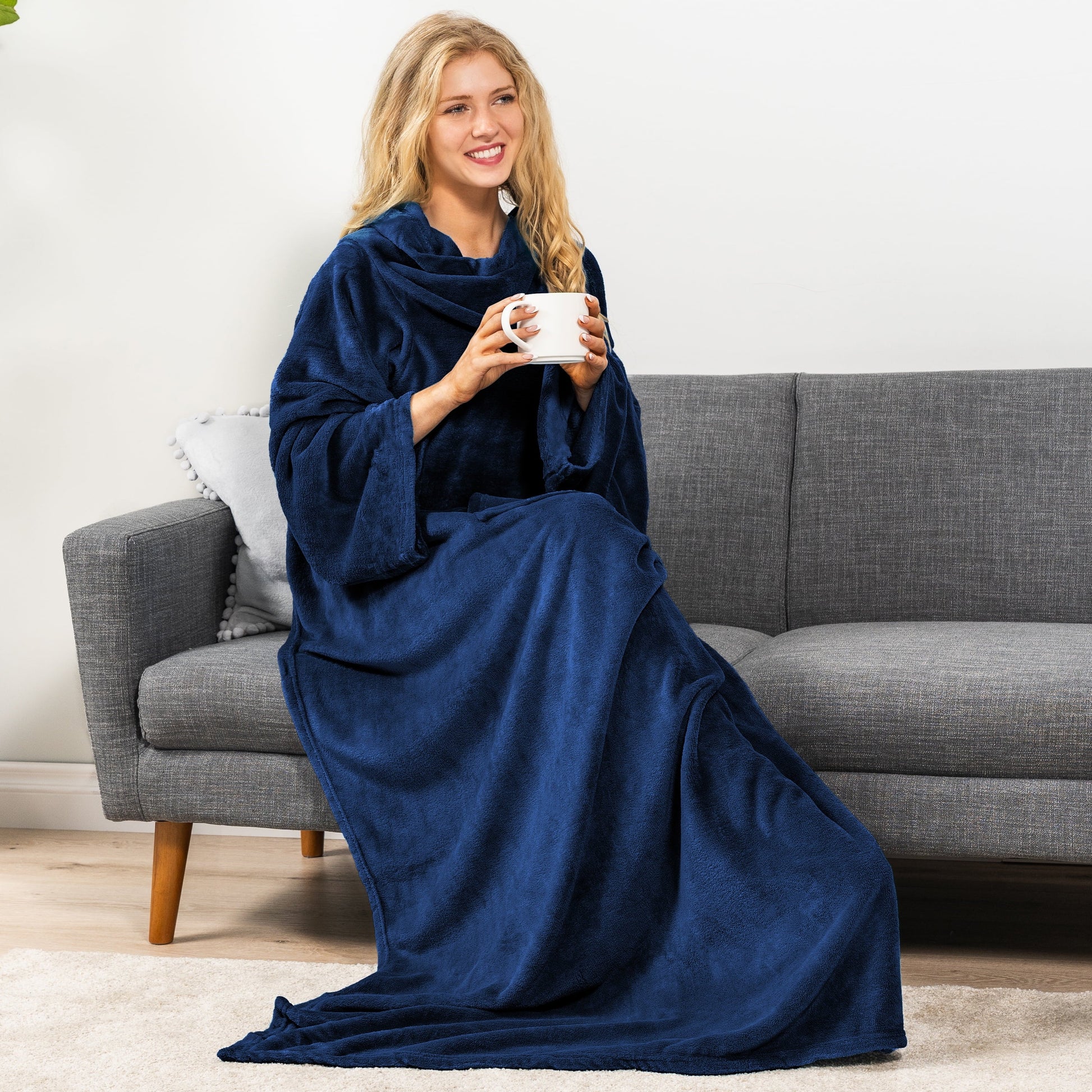 Reversible Sherpa Navy Blue Fleece Wearable Blanket with Sleeves for Adults Women Men, Soft Warm Full Body Wrap Throw, Sweatshirt Pocke... - Super Soft Reversible Sherpa Flannel Blanket Detail