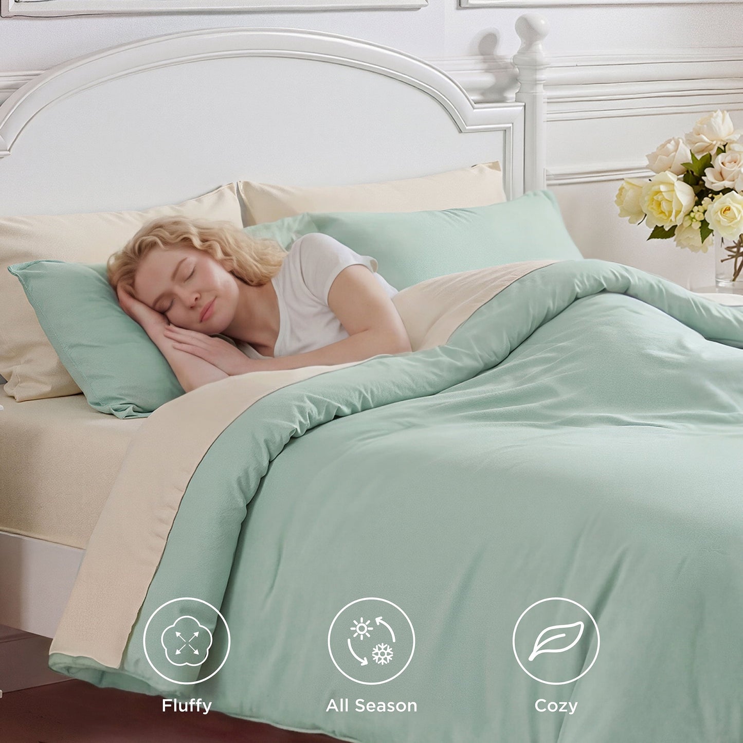 All-Season Queen Comforter Set Sage Green, 7 Pieces Lightweight Queen Bedding Sets, Contrasting Design - Hypoallergenic Ultra-Fluffy Quilt for Winter Detail