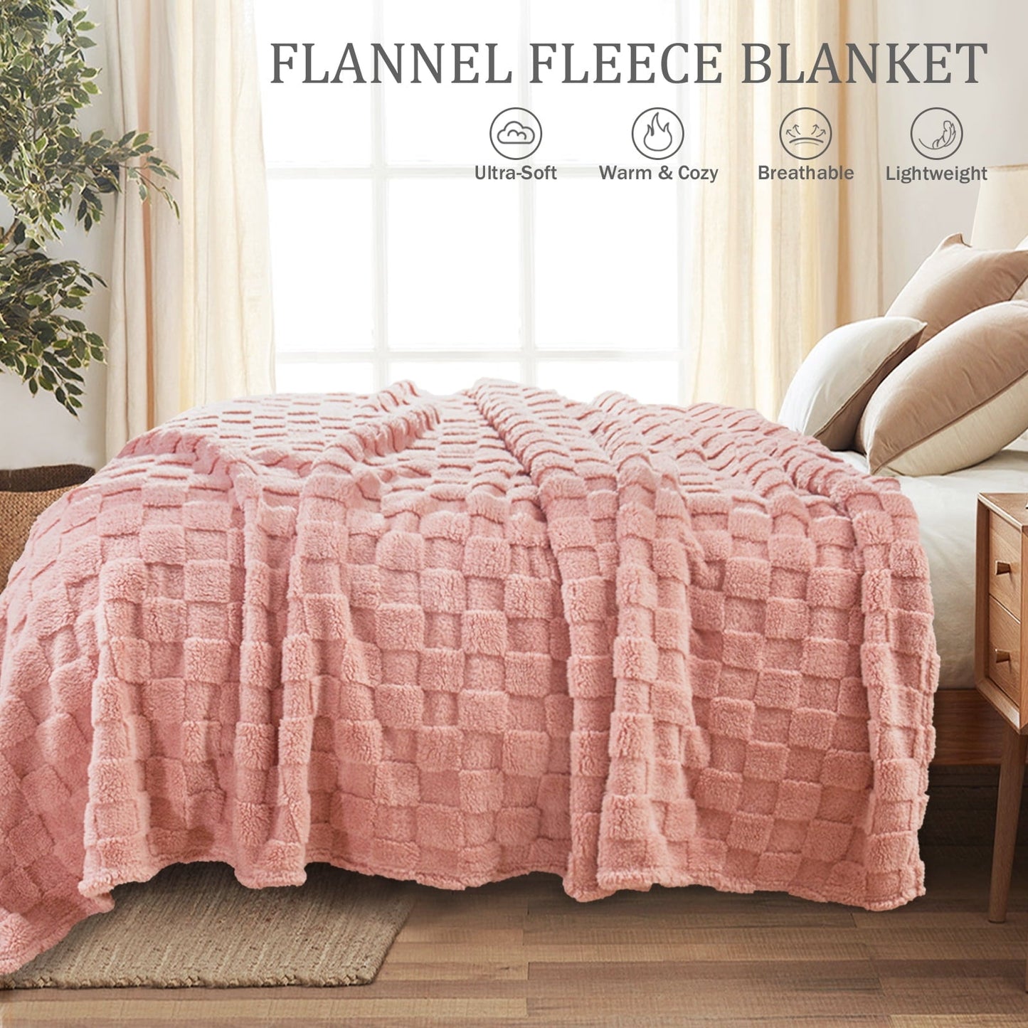 Reversible Sherpa Fleece Throw Blanket for Couch, Super Soft Warm Lightweight Checkered Pattern Blanket for All Seasons, Pink, 50"x60" - Luxury Knitted Decorative Throw Blanket with Fringes Detail