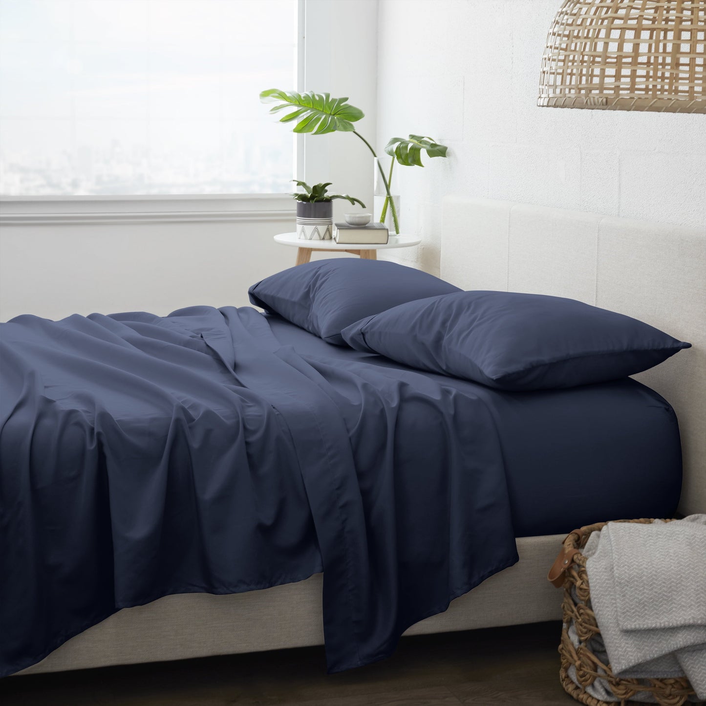 Cooling Sateen 4 Piece Solid Microfiber Bed Sheet Set, Navy, Queen - Premium Ultra-Soft Pillowcase Pair for Sleeping Detail