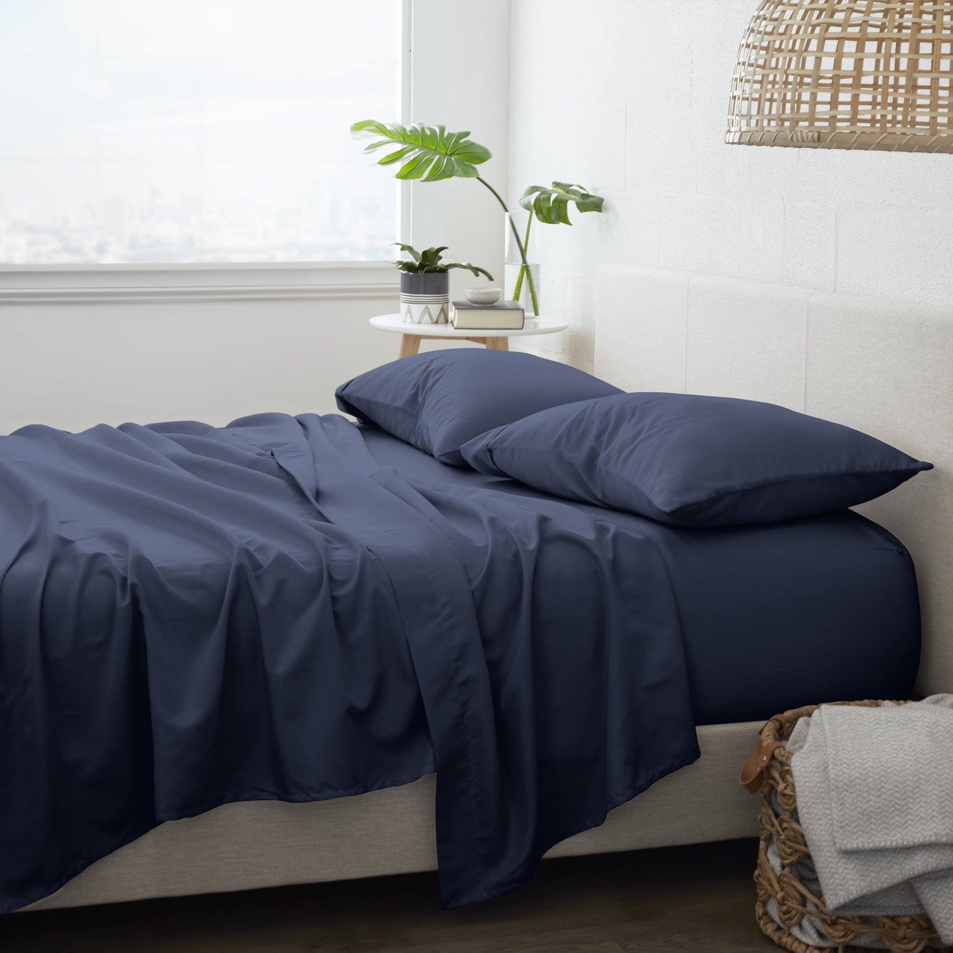 Cooling Sateen 4 Piece Solid Microfiber Bed Sheet Set, Navy, Queen - Premium Ultra-Soft Pillowcase Pair for Sleeping Detail