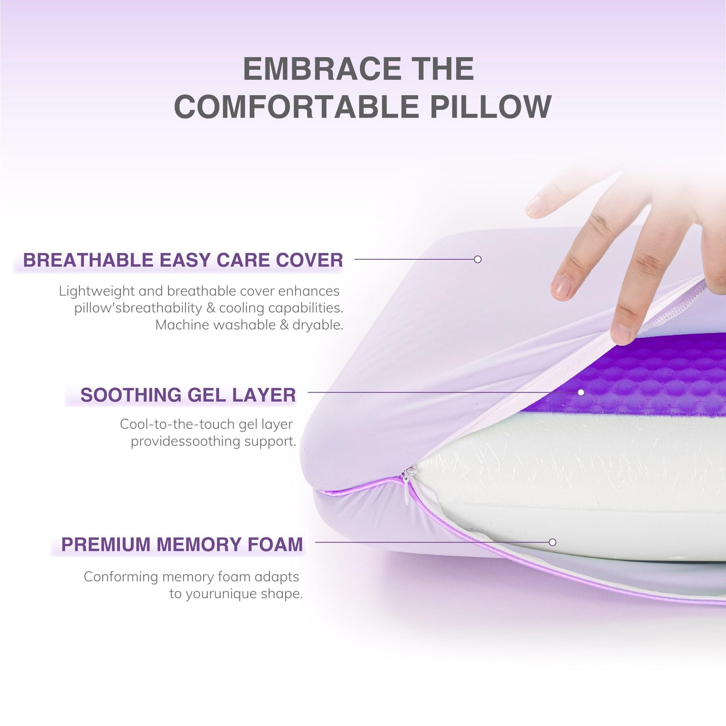 Orthopedic Support Memory Foam Pillow, Cooling Gel Bed Pillow, Queen, Purple - Decorative Throw Pillow Cushion for Sofa & Bed Detail