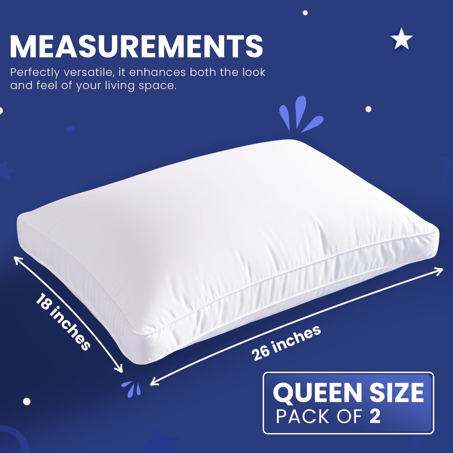 Fluffy Shredded Queen Bed Pillow, 26"L x 18" W, Set of 2, Soft and High-Quality, Gusseted Pillow for All Sleep Positions (White) - Hotel Quality Plush Sleeping Pillows Detail