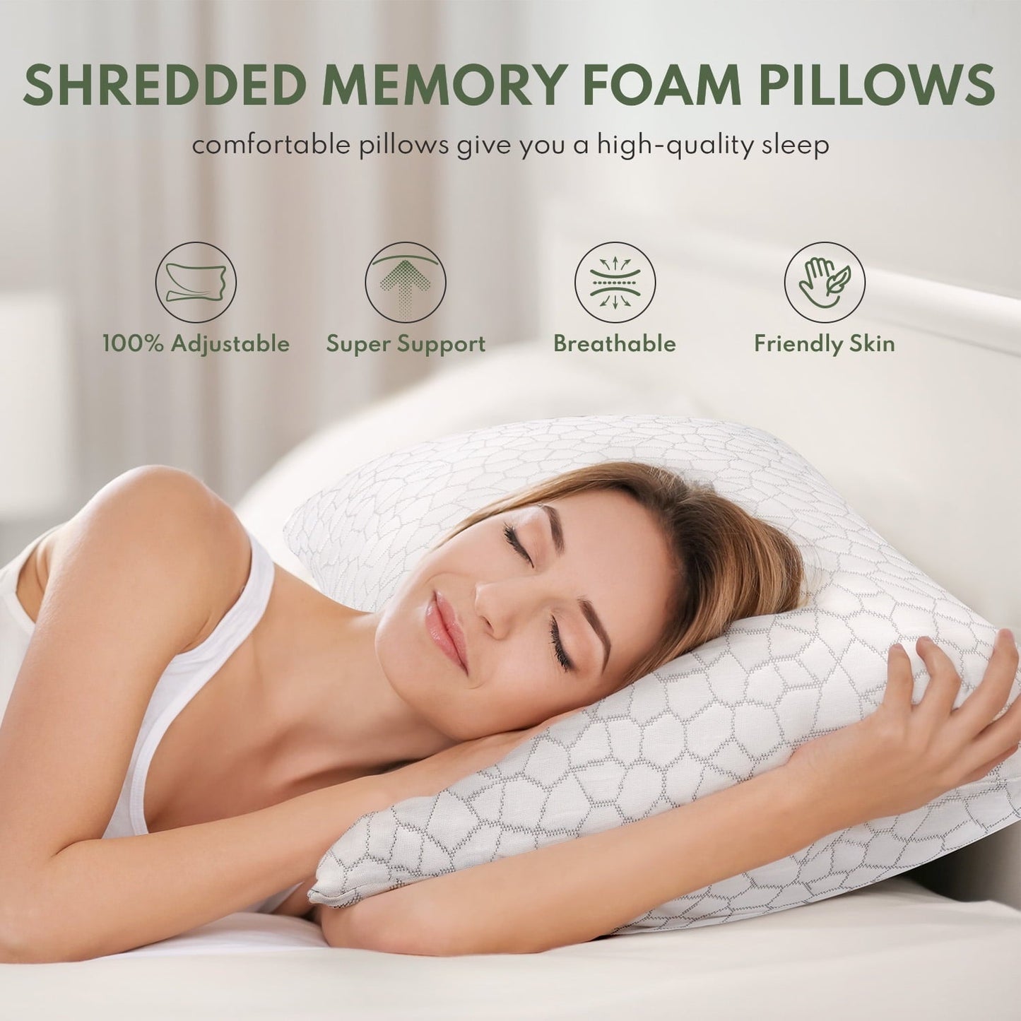 Orthopedic Support Cooling Memory Foam Queen Pillows for bed 2 Pack,Adjustable Support & Heat Dissipation Tech for Side,Back,Stomach & H... - Hotel Quality Plush Sleeping Pillows Detail