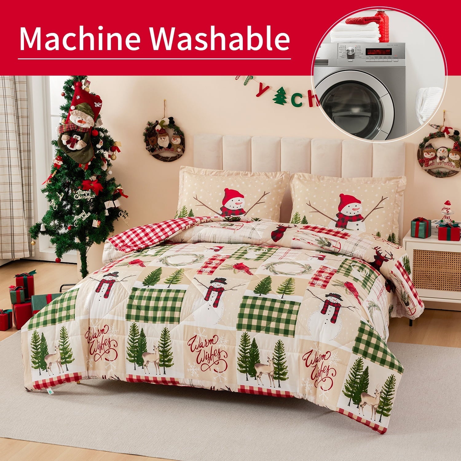 All-Season 3 Pcs Christmas Comforter Set, Bed in a Bag Wreath Snowman Queen/Full Size Xmas Bedding Set Fitted Pillowcases for Adult - Cloud-Like Soft Lightweight Bed Comforter Detail
