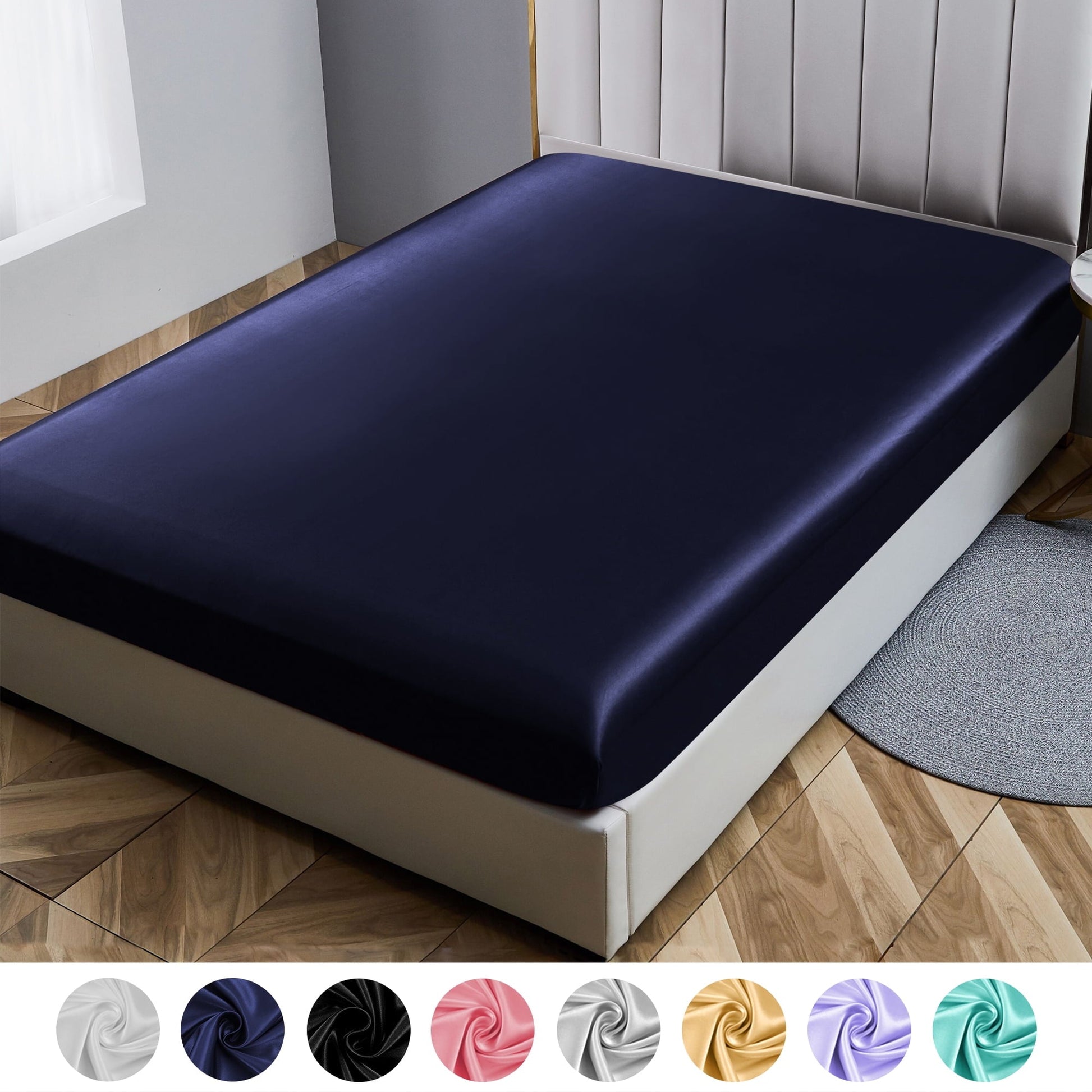 Premium Egyptian Cotton Fitted Sheet Deep Pocket Bed Sheet Satin Silk Sheets Ultra Soft Machine Washable Twin, Navy Blue - Cooling Hotel Quality Bedding Sheets and Pillowcases - Default Title