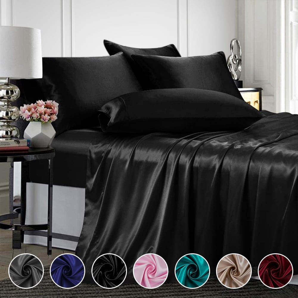 Breathable Luxury Twin Silk Gray Bed Sheet Set Deep Pocket Bed Flat Fitted Sheet, 3-Pieces - Luxury Bed Sheet Set with Deep Pockets - Default Title
