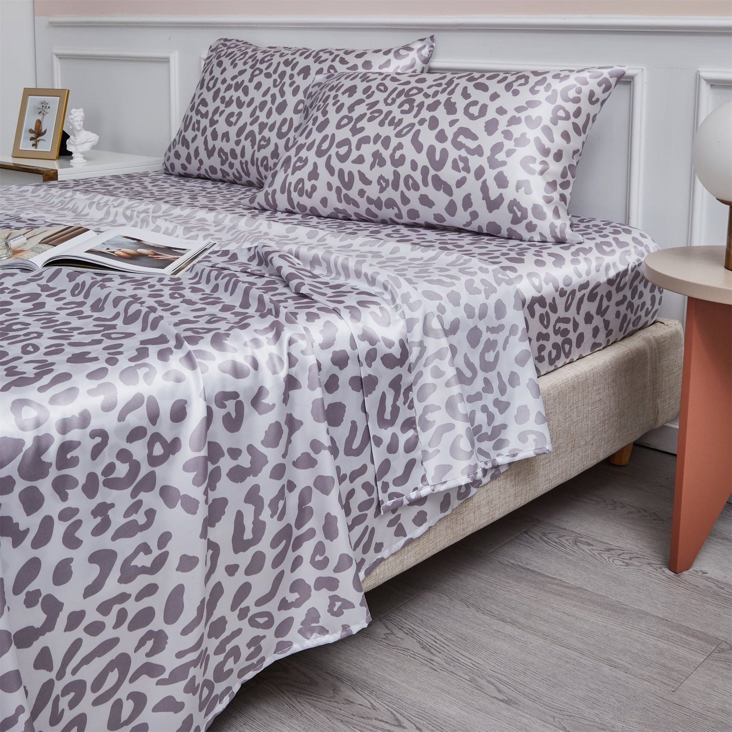 Wrinkle-Resistant Satin Sheets Twin Silk Sheets Silver Leopard Bed Sheet Set Deep Pocket Bed Flat Fitted Sheet, 3-Pieces - Cooling Hotel Quality Bedding Sheets and Pillowcases - Default Title