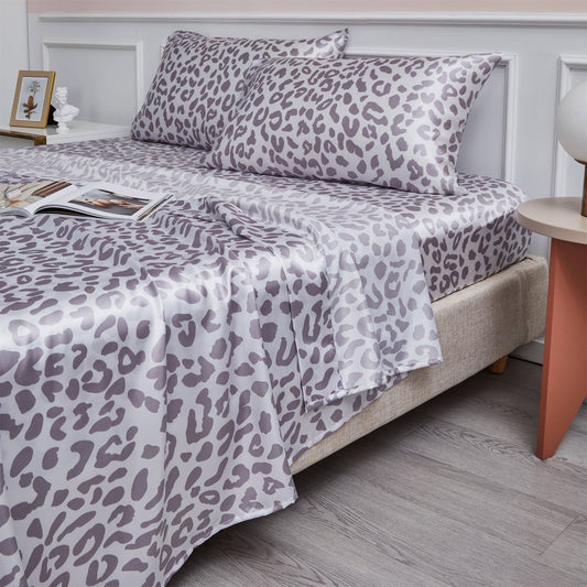 Wrinkle-Resistant Satin Sheets Twin Silk Sheets Silver Leopard Bed Sheet Set Deep Pocket Bed Flat Fitted Sheet, 3-Pieces - Cooling Hotel Quality Bedding Sheets and Pillowcases - Default Title