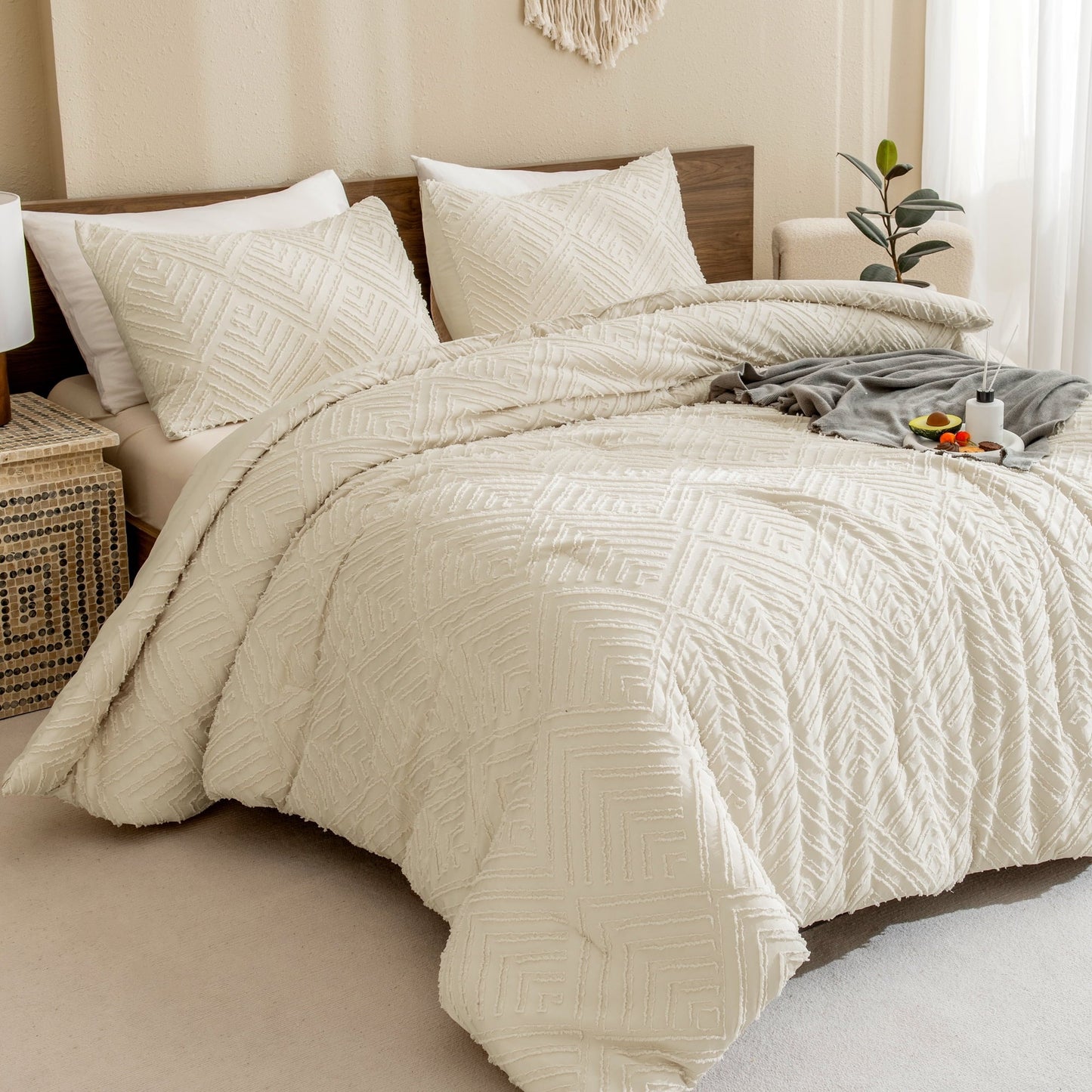 Heavyweight Warmth King Size Comforter Sets Beige - 3 Pieces Cream Boho Bedding Comforter Set for King Bed - Soft Fluffy Tufted Textured... - Hypoallergenic Ultra-Fluffy Quilt for Winter - Default Title