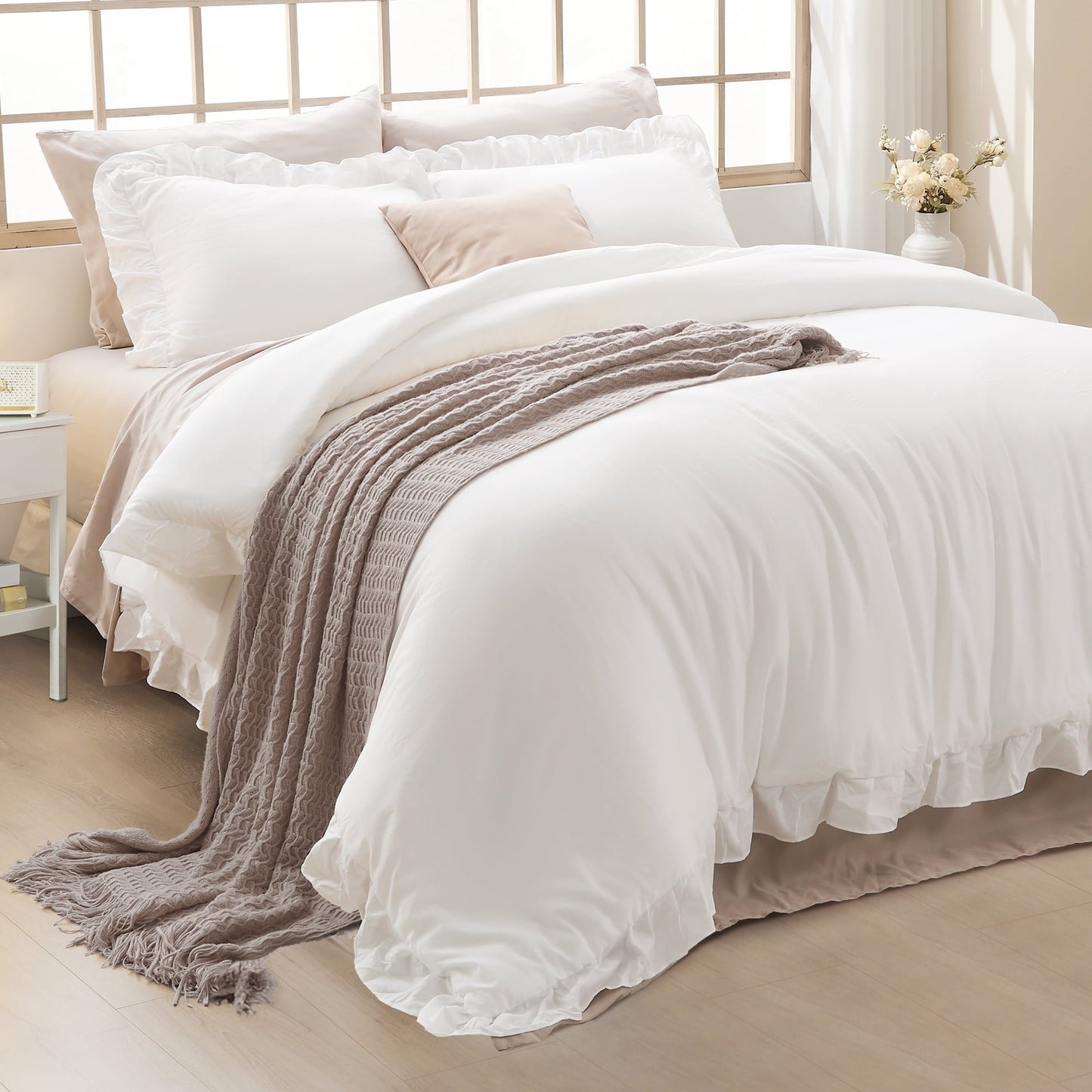 Heavyweight Warmth Queen Comforter Set White, 3 Pieces Soft Fluffy Farmhouse Ruffle Bedding Comforter Sets for Queen Bed, All Season Lig... - All-Season Down Alternative Comforter Insert - Default Title