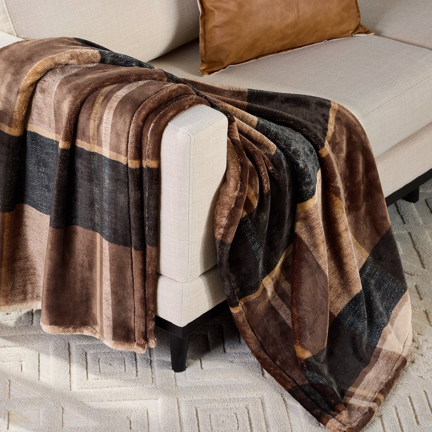 Decorative Knitted Printed Velvet Plush Super Soft Throw Blanket, Oversized, Shelton Brown Plaid - Super Soft Reversible Sherpa Flannel Blanket - Default Title