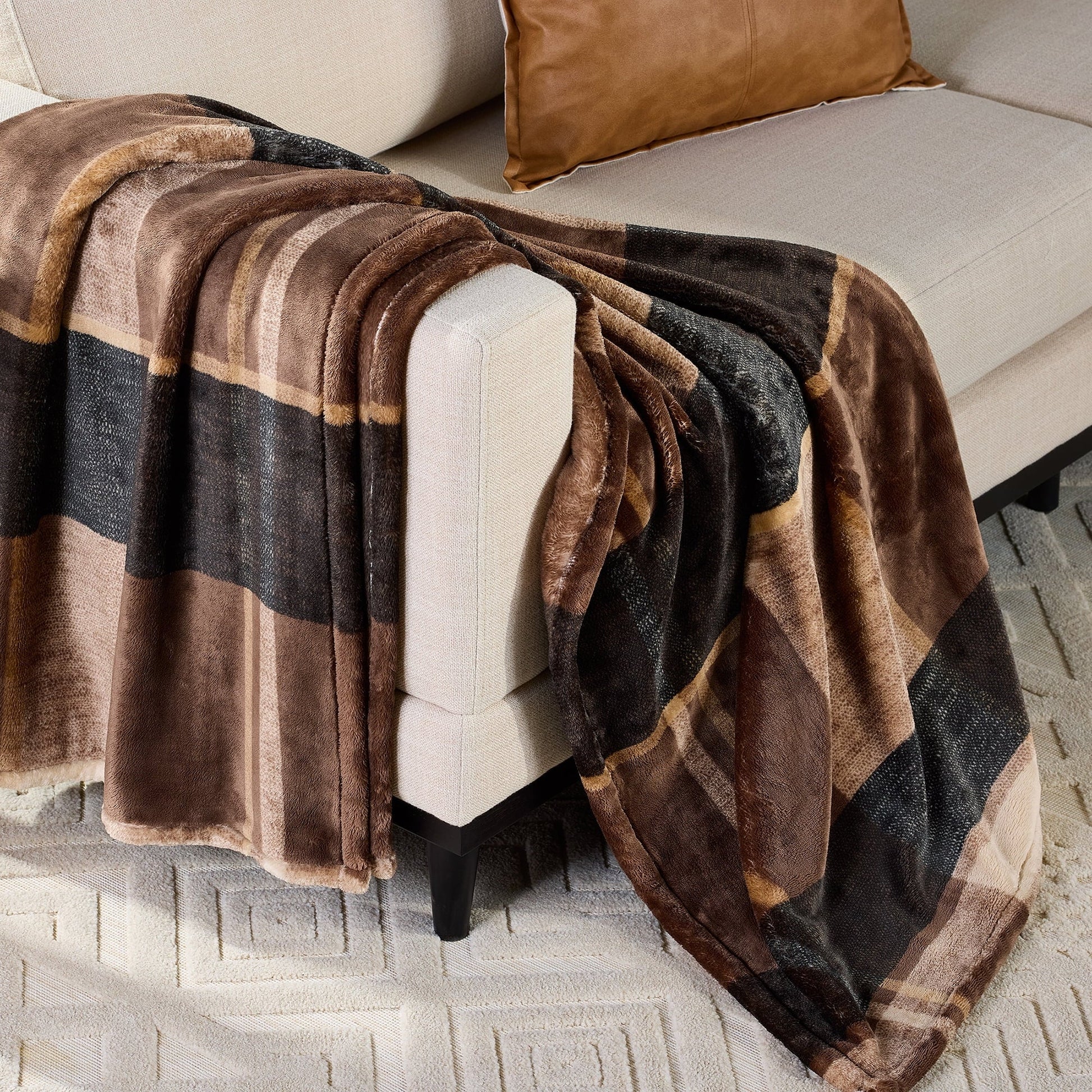 Decorative Knitted Printed Velvet Plush Super Soft Throw Blanket, Oversized, Shelton Brown Plaid - Super Soft Reversible Sherpa Flannel Blanket - Default Title