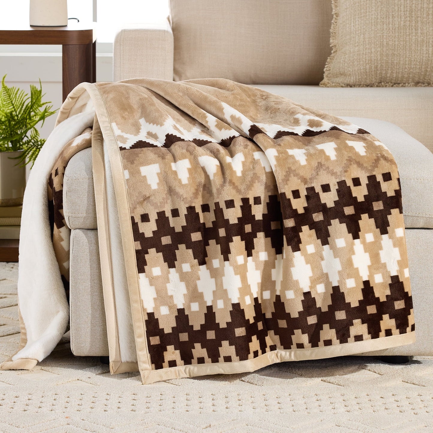 Cozy Fleece Printed Velvet Plush Reverse to Faux Fur Super Soft Throw Blanket, Oversized, Linder Border Beige - Super Soft Reversible Sherpa Flannel Blanket - Default Title