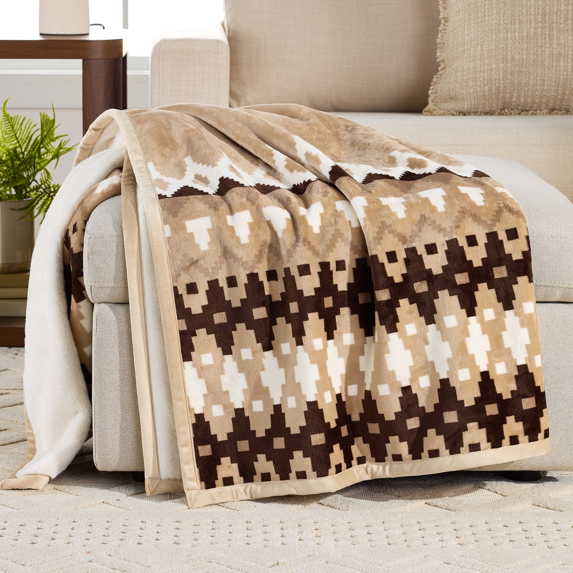 Cozy Fleece Printed Velvet Plush Reverse to Faux Fur Super Soft Throw Blanket, Oversized, Linder Border Beige - Super Soft Reversible Sherpa Flannel Blanket - Default Title