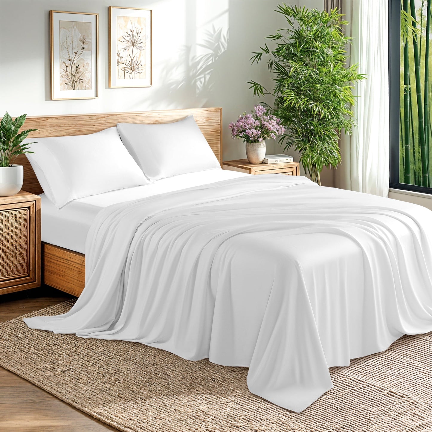 Wrinkle-Resistant Bamboo Sheets Set, 4-Piece Queen Sheet Set with 16" Deep Pockets, Soft and Breathable Bed Sheets, White - Premium Ultra-Soft Pillowcase Pair for Sleeping - Default Title