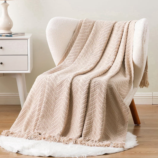 Lightweight Warm Beige Throw Blanket,Textured Knitted Tan Throws with Tassels,Neutral Sofa Bed Throws,50"x60" - Lightweight Plush Warm Blanket for All Seasons - Default Title