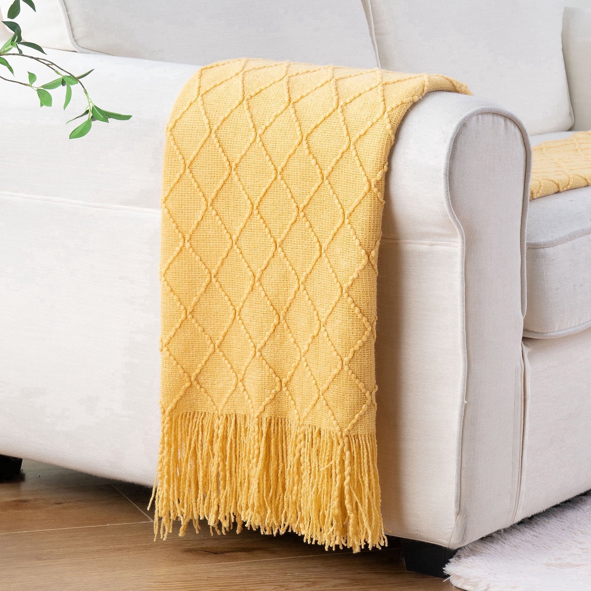 Super Soft Flannel Mustard Throw Blanket for Couch,Gold Yellow Knit Throw with Fringe,Outdoor Throw ,50"x60" - Lightweight Plush Warm Blanket for All Seasons - Default Title