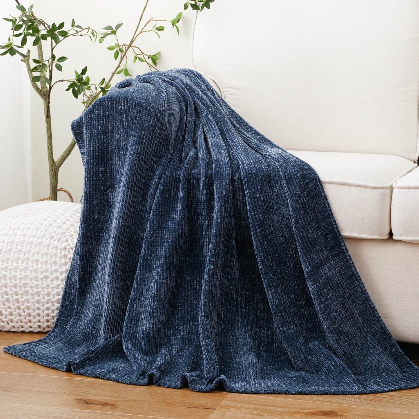 Decorative Knitted Navy Blue Chenille Throw for Couch Bed,Soft Navy Knit Blanket, Housewarming Gifts, 51"x 67" - Super Soft Reversible Sherpa Flannel Blanket - Default Title