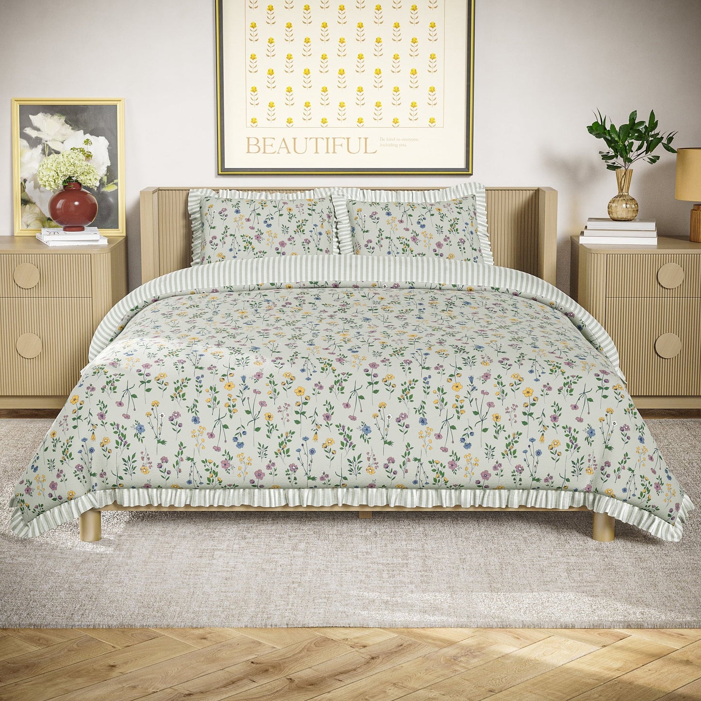 Fluffy Down Alternative 100% Cotton Botanical 3-Piece Sage Green Comforter Set, Full/Queen - All-Season Down Alternative Comforter Insert - Default Title