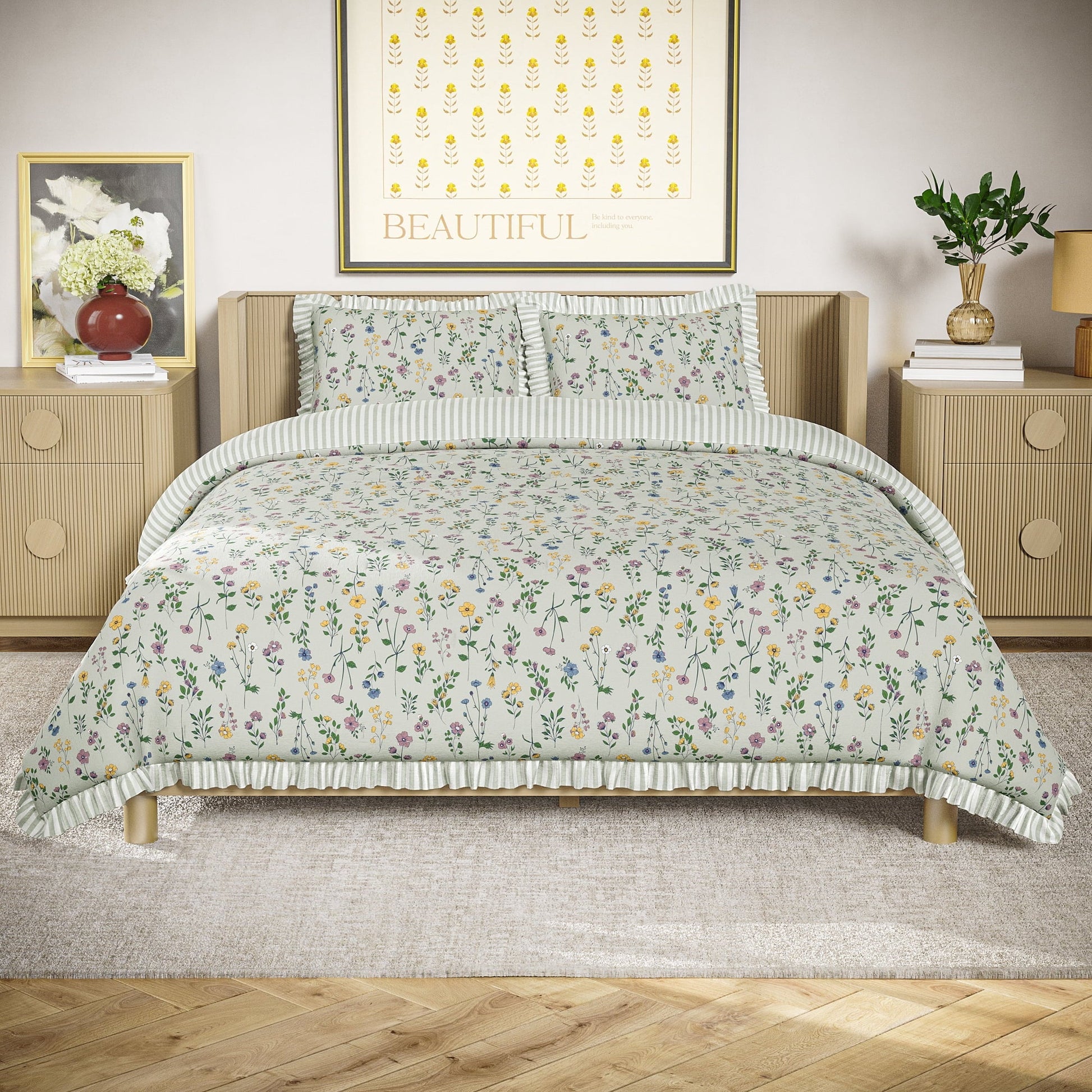 Fluffy Down Alternative 100% Cotton Botanical 3-Piece Sage Green Comforter Set, Full/Queen - All-Season Down Alternative Comforter Insert - Default Title
