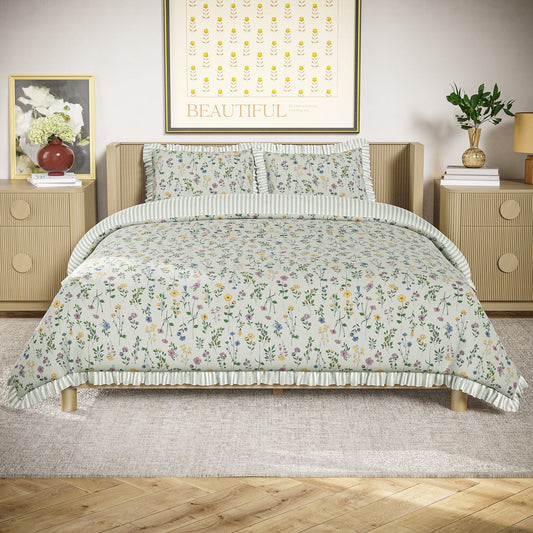 Fluffy Down Alternative 100% Cotton Botanical 3-Piece Sage Green Comforter Set, Full/Queen - All-Season Down Alternative Comforter Insert - Default Title