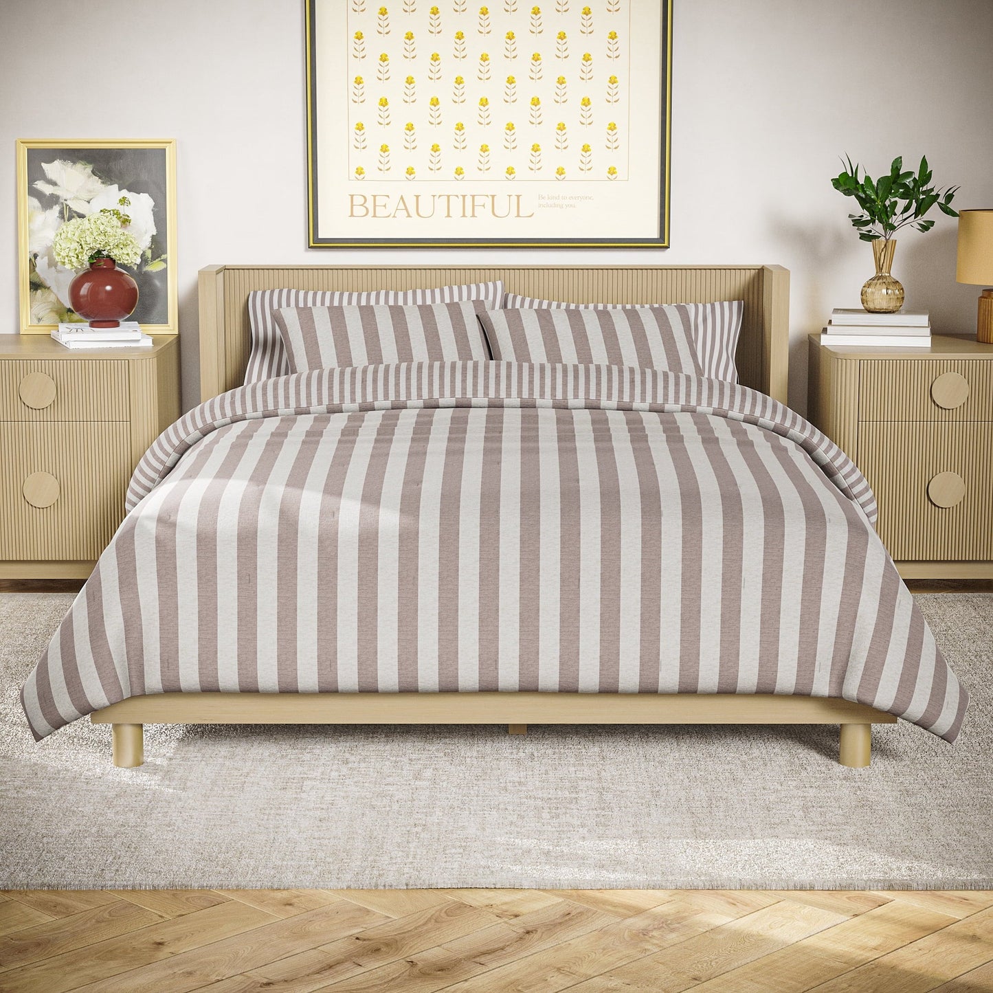 Heavyweight Warmth 100% Cotton Striped 3-Piece Natural Comforter Set, Full/Queen - Hypoallergenic Ultra-Fluffy Quilt for Winter - Default Title