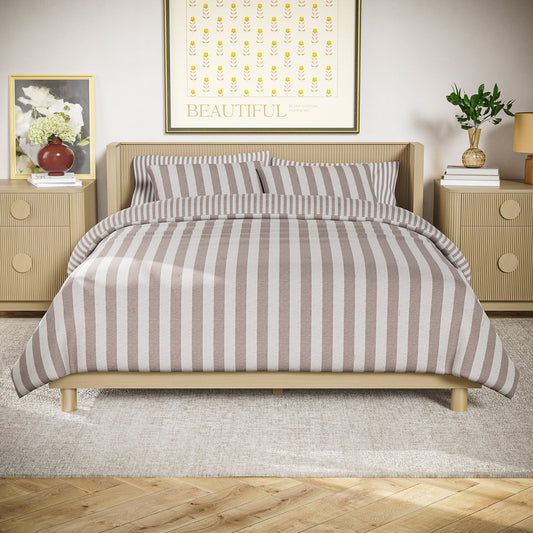 Heavyweight Warmth 100% Cotton Striped 3-Piece Natural Comforter Set, Full/Queen - Hypoallergenic Ultra-Fluffy Quilt for Winter - Default Title