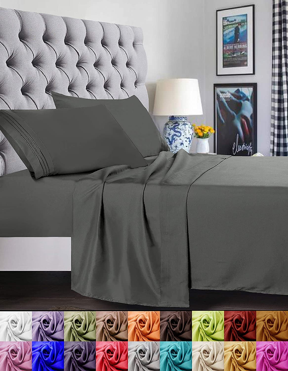 Cooling Sateen 4 Pieces Bed Sheet set Flat,Fitted,Pillowcase , Queen Grey - Breathable Egyptian Cotton Flat & Fitted Sheets - Default Title