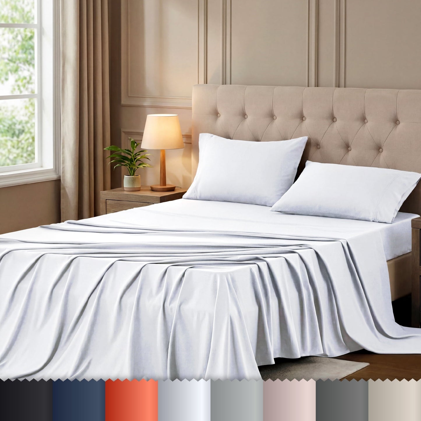 Cooling Sateen Queen Size Bed Sheet Set in Bright White – 4 Piece Microfiber Sheets, Ultra-Soft, Deep Pocket, Wrinkle-Resistant, Eas... - Luxury Bed Sheet Set with Deep Pockets - Default Title