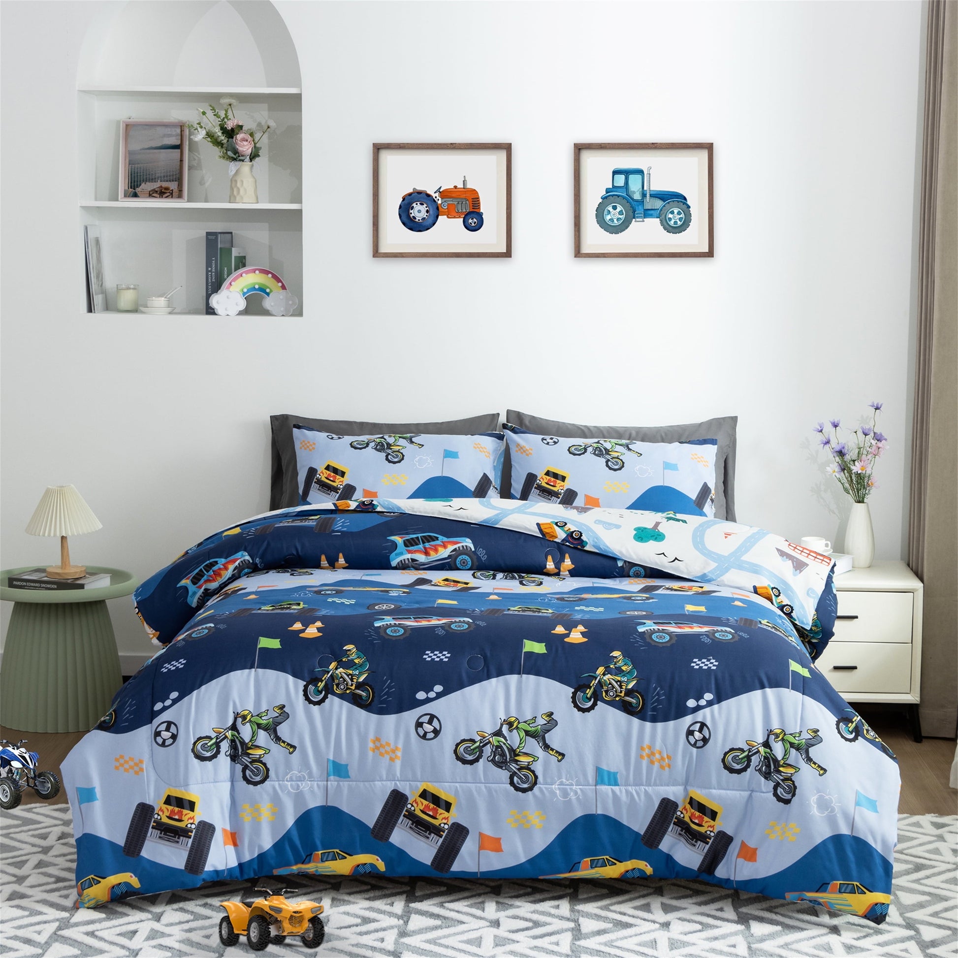 Heavyweight Warmth 3Pcs Reversible Construction Truck Twin Comforter Set for Boys Kids Excavator Vehicle Motorcycle Bedding Set Blue - Hypoallergenic Ultra-Fluffy Quilt for Winter - Default Title