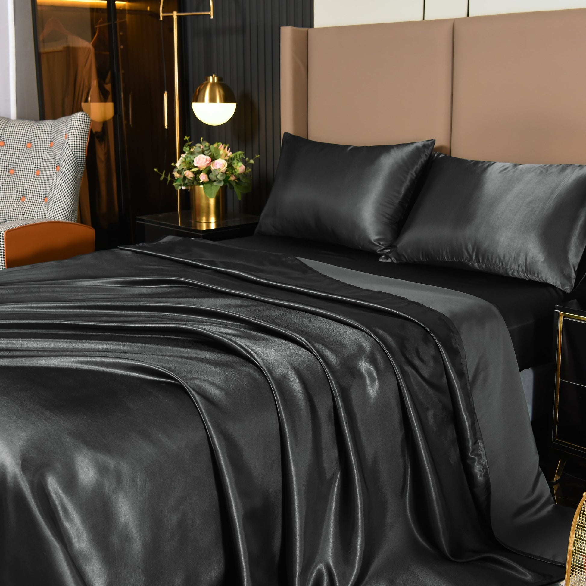 Breathable Luxury 4Pcs Black Satin Sheets Queen Set Silk Sheets 13" Deep Pocket Ultra Soft silky Bed Sheet Set - Luxury Bed Sheet Set with Deep Pockets - Default Title