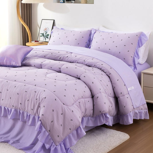 Hypoallergenic Cloud 6 Piece Delicate Bows Purple Bedding Set Ruffle Princess Style Comforter Set Bed in a Bag - Luxurious Quilted Duvet Cover Set - Default Title