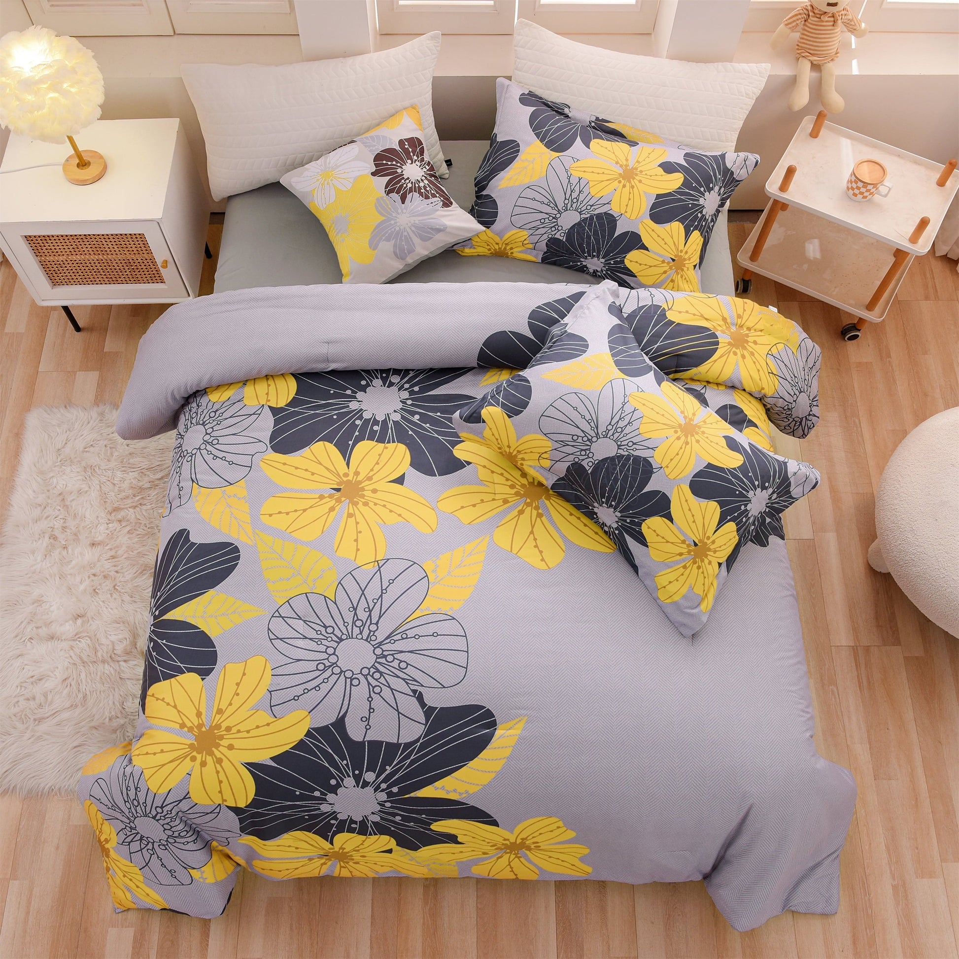 Luxurious Quilted Yellow Floral Comforter Set Queen Flower Bed Set Adult Soft Botanical Boho Bedding Set - Cloud-Like Soft Lightweight Bed Comforter - Default Title