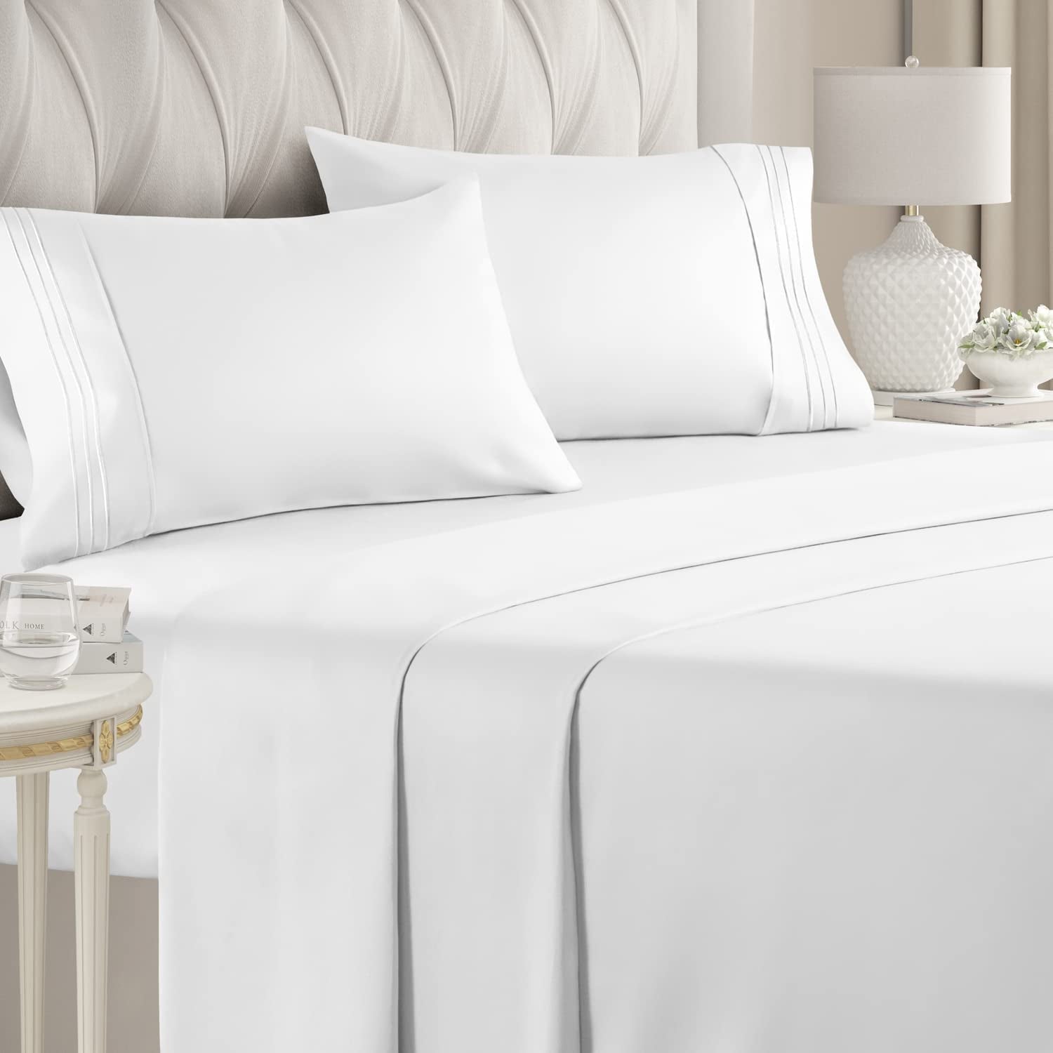 Cooling Sateen 4-Piece Ultra Soft & Comfy Hotel Luxury Sheet Set - Full Size Cooling Bed Sheet Fits 8"-16" Mattresses, White - Breathable Egyptian Cotton Flat & Fitted Sheets - Default Title