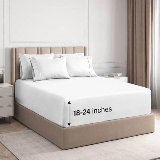 Wrinkle-Resistant 6-Piece Extra Deep Pocket Sheet Set With Extra Matching Pillowcases - King Size Bed Sheets Fits 18"-24" Ma... - Breathable Egyptian Cotton Flat & Fitted Sheets - Default Title