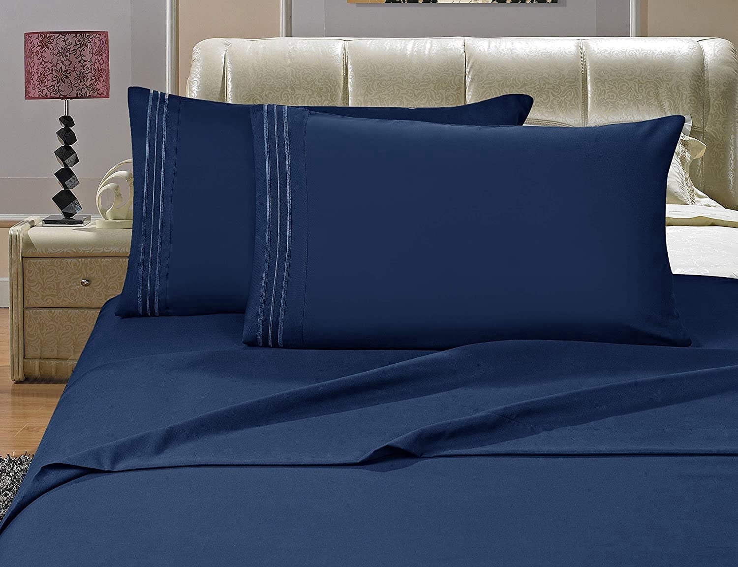 Cooling Sateen 4-Piece Microfiber Bed Sheet Set, Soft & Breathable, Wrinkle & Fade Resistant, Deep Pocket, Queen, Navy Blue - Luxury Bed Sheet Set with Deep Pockets - Default Title