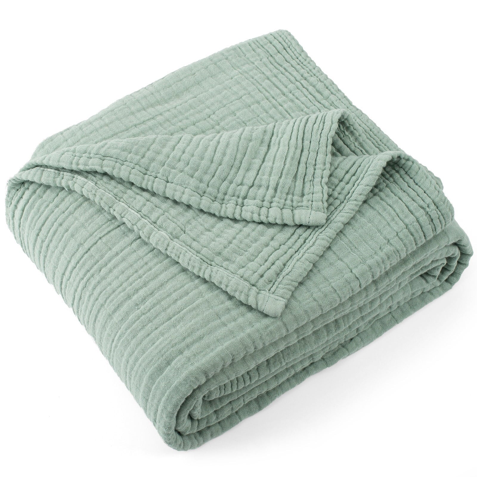 Decorative Knitted 100% Cotton Muslin Throw Blanket Gauze Blankets for Adults Soft Throws for Bed and Couch, 50" x 70" Sage Green - Lightweight Plush Warm Blanket for All Seasons - Default Title