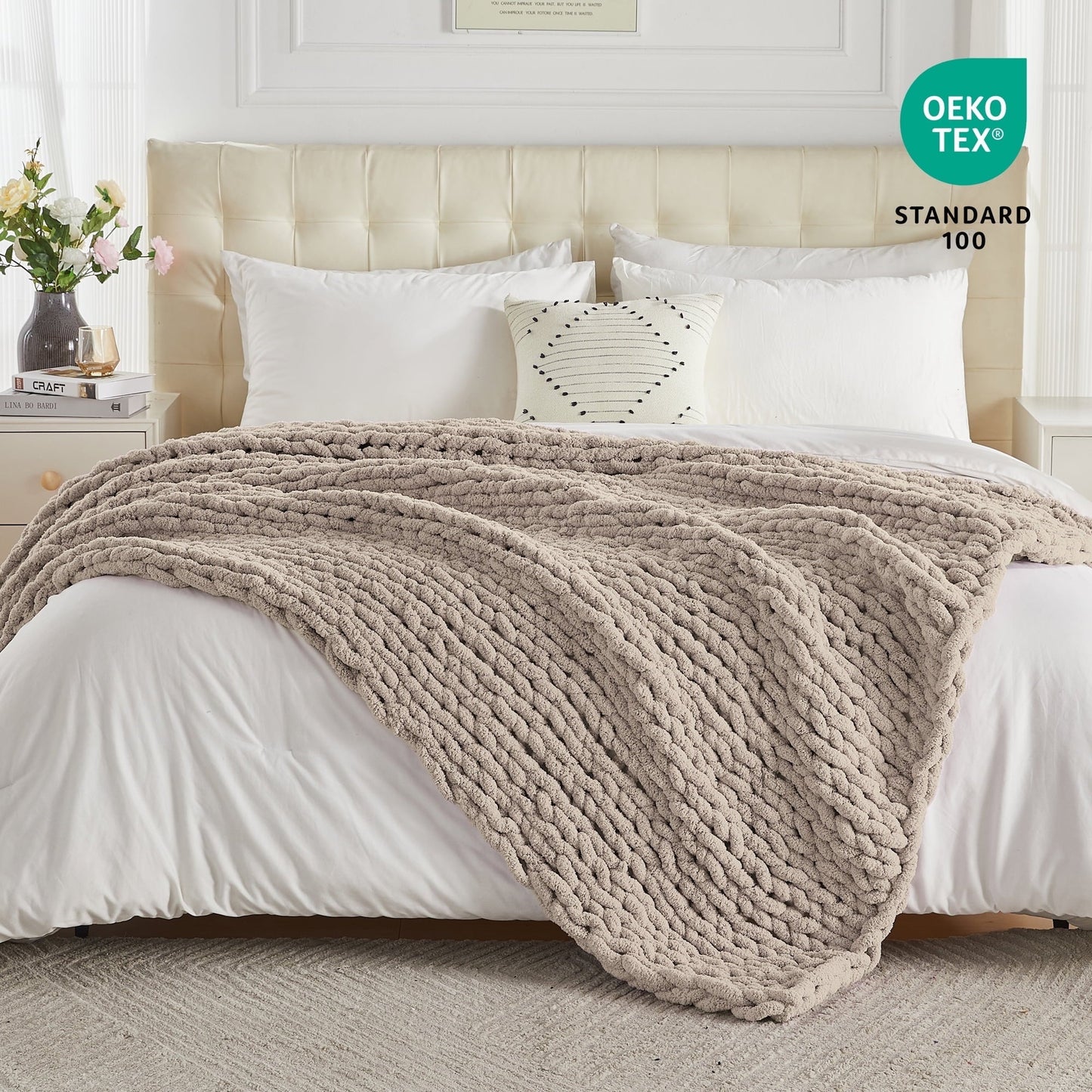 Super Soft Flannel Chunky Knit Throw Blanket Handmade Soft Throws for Couch Sofa Bed, 50" x 60" Taupe - Super Soft Reversible Sherpa Flannel Blanket - Default Title