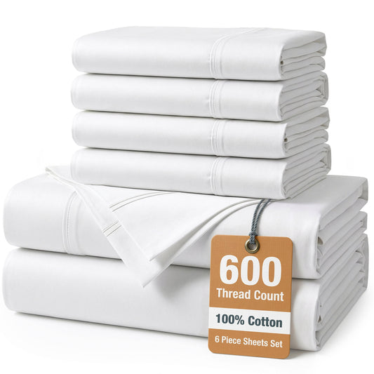Wrinkle-Resistant Bed Sheets Set – 6 Piece, 600 Thread Count, 100% Cotton Sheets, Hotel Luxury Sateen Finish, 15" Deep Pocket, Easy to ... - Cooling Hotel Quality Bedding Sheets and Pillowcases - Default Title