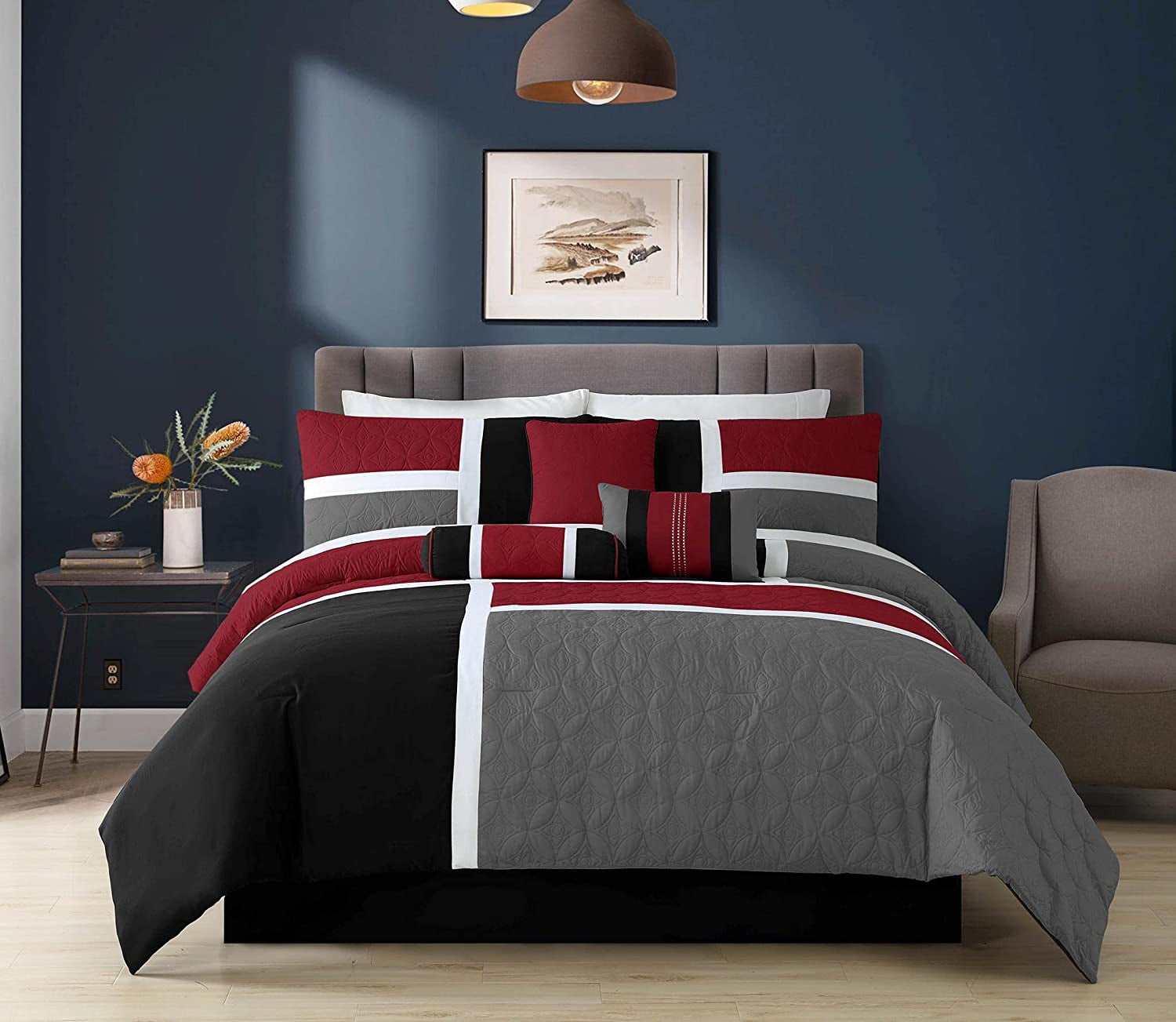 Fluffy Down Alternative 7-Piece Medallion Patchwork Comforter Set, Full, Red/Gray/Black - All-Season Down Alternative Comforter Insert - Default Title