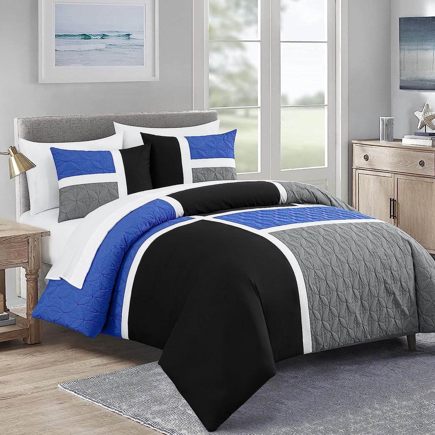Hypoallergenic Cloud Bernard 7-Piece Full Bed in a Bag Comforter Set with Sheets, Lightweight Comforter Blue Black Gray Patchwork Quilted ... - Luxurious Quilted Duvet Cover Set - Default Title