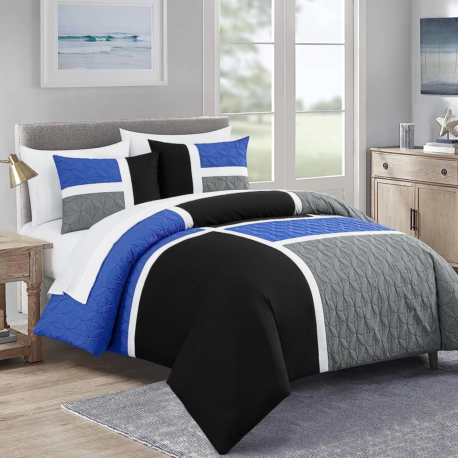 Hypoallergenic Cloud Bernard 7-Piece Full Bed in a Bag Comforter Set with Sheets, Lightweight Comforter Blue Black Gray Patchwork Quilted ... - Luxurious Quilted Duvet Cover Set - Default Title