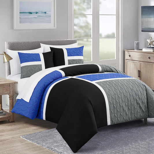 Hypoallergenic Cloud Bernard 7-Piece Full Bed in a Bag Comforter Set with Sheets, Lightweight Comforter Blue Black Gray Patchwork Quilted ... - Luxurious Quilted Duvet Cover Set - Default Title