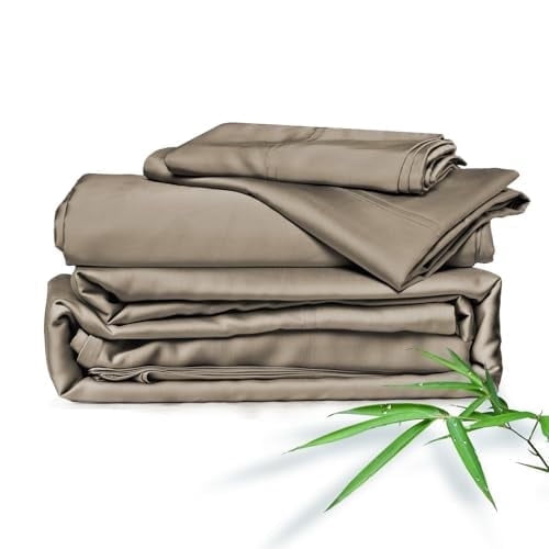 Cooling Sateen Home 4-Piece Queen Bamboo Bed Sheet Set, 100% Organic Cooling Fabric, 16" Deep Pocket, Taupe - Premium Ultra-Soft Pillowcase Pair for Sleeping - Default Title