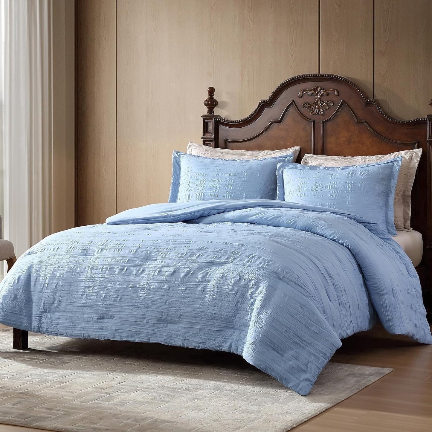 Luxurious Quilted Queen Comforter Set Chambray Blue, 3 Pieces Comforter Set, All Season Lightweight Soft Embossed Bedding (86" x 88" Co... - Luxurious Quilted Duvet Cover Set - Default Title