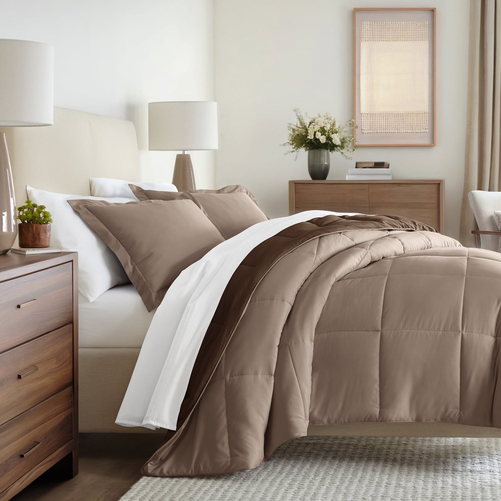 All-Season All Season Reversible Comforter Set Breathable Cool in Taupe & Chocolate Brown Full/Queen Size Bedding - Luxurious Quilted Duvet Cover Set - Default Title